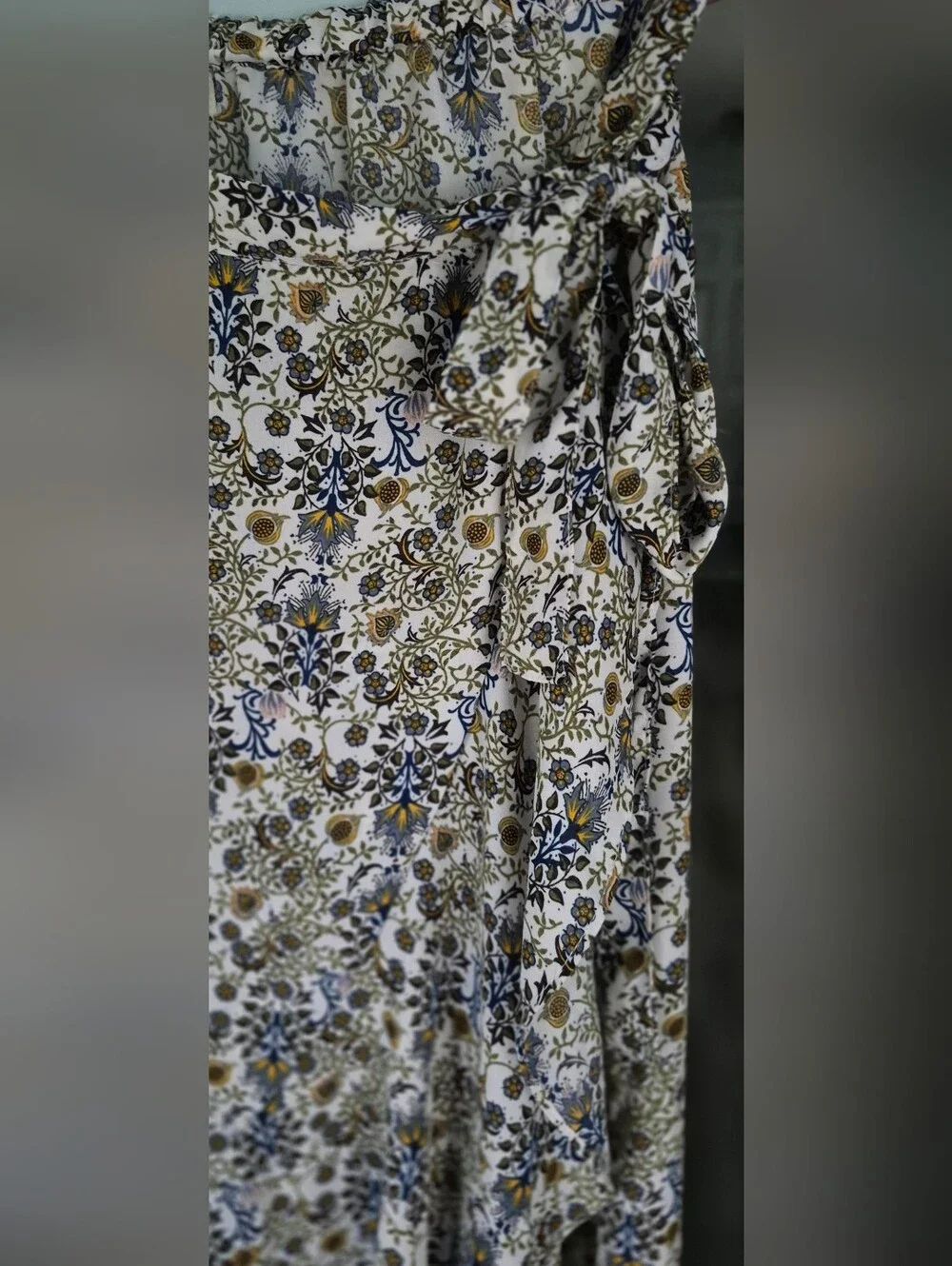 Max Studio Cream Floral Maxi Dress with Blue and Olive Floral Print And Bow